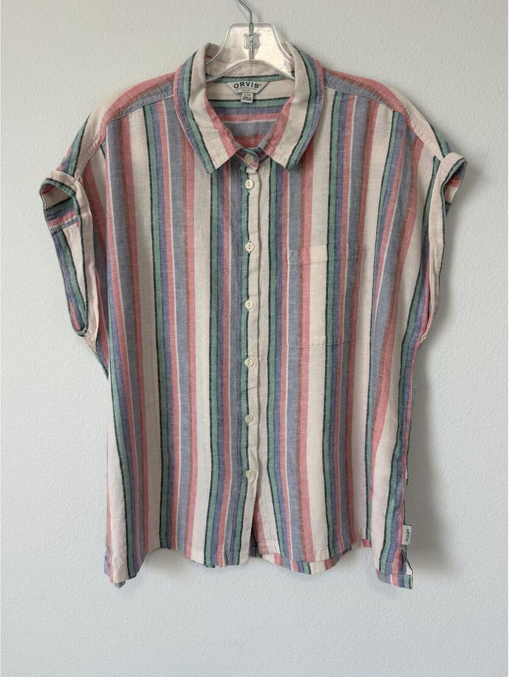 ORVIS Multicolor Striped Linen Blend Short Sleeve Button Up Shirt Women's Size L